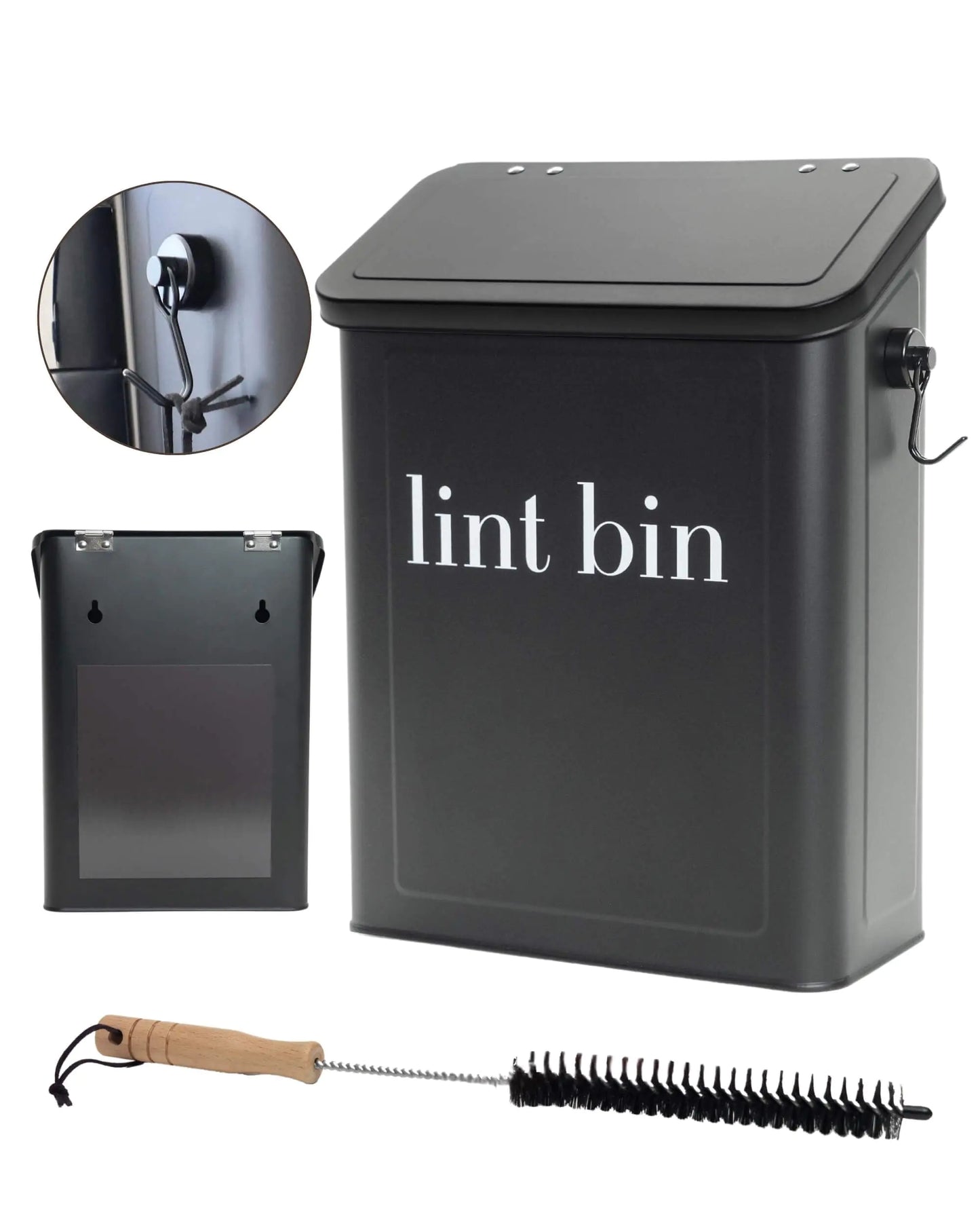 Magnetic Laundry Lint Bin with Brush & Hook – Modern Trash Can with Lid