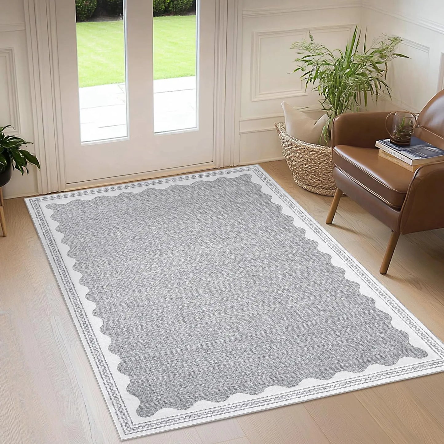 Grey Scalloped Rug 3x5 – Washable Non-Slip Small Area Carpet