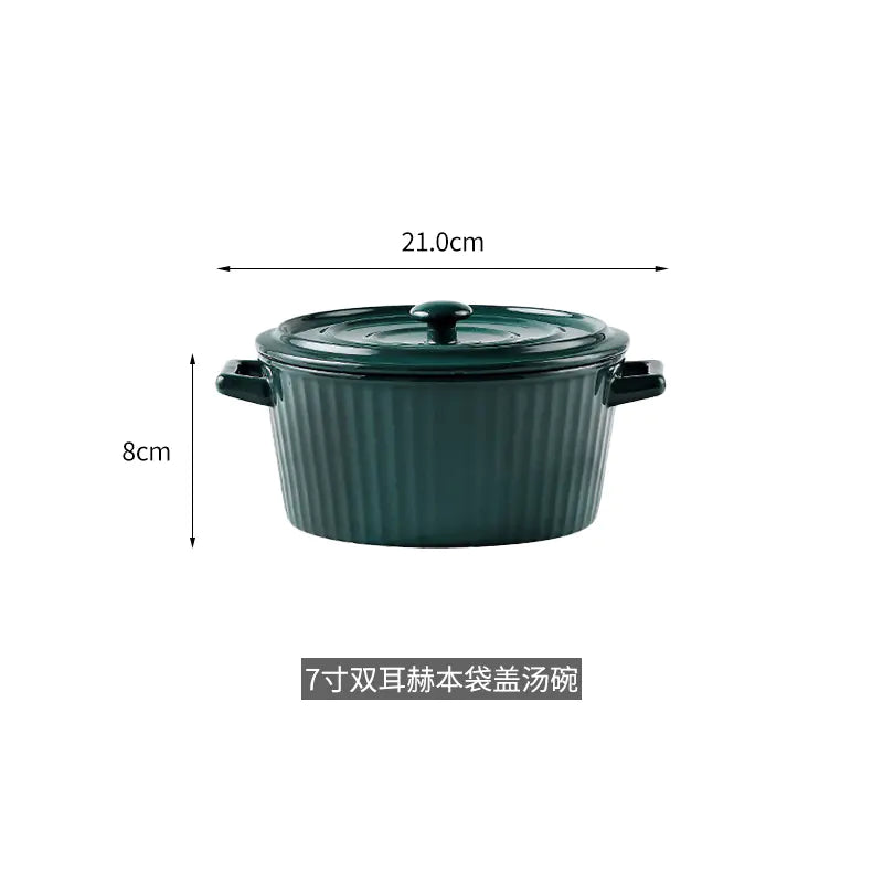 Nordic Double-Handle Ceramic Soup Salad Bowl with Lid
