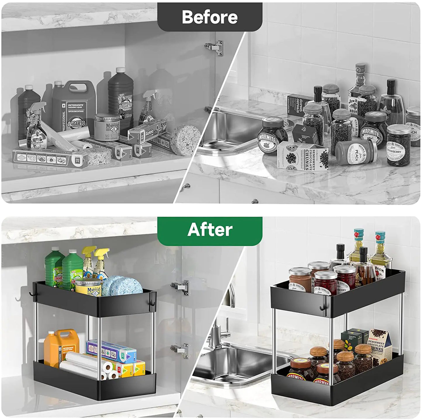 Kitchen Under Sink Storage Organizer with 2 Animal-Design Drawers – Black or White