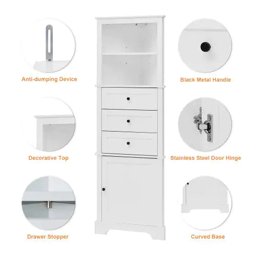 White Triangular Corner Cabinet - 3 Drawers & Adjustable Shelves for Bathroom & Kitchenn
