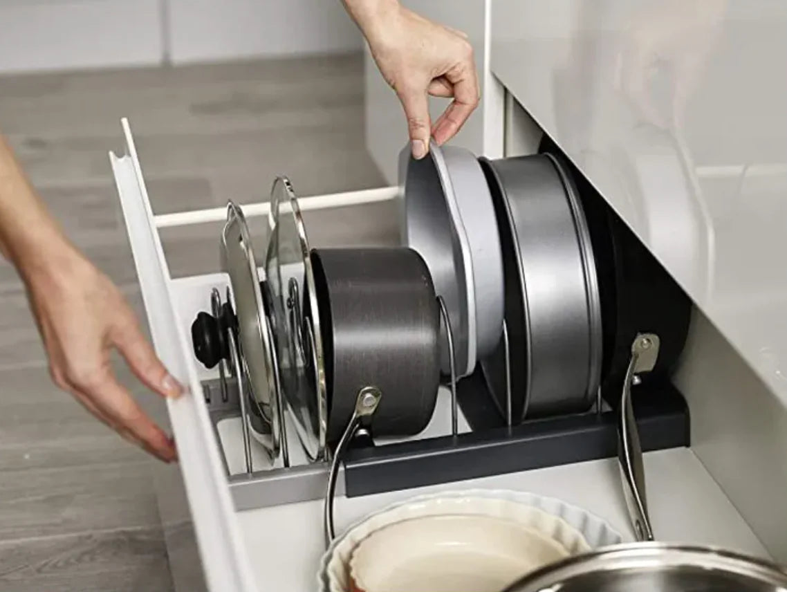 Stainless Steel Pot Lid Organizer – Adjustable Kitchen Storage Rack