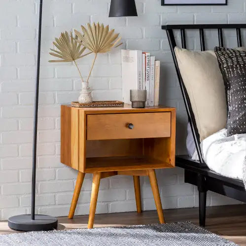 Mid-Century Modern Single-Drawer Solid Wood Nightstand