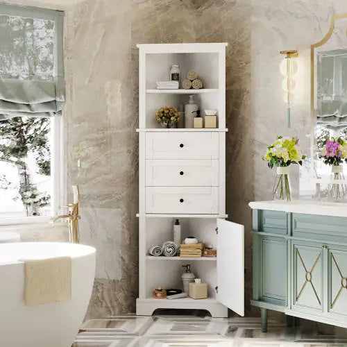 White Triangular Corner Cabinet - 3 Drawers & Adjustable Shelves for Bathroom & Kitchenn