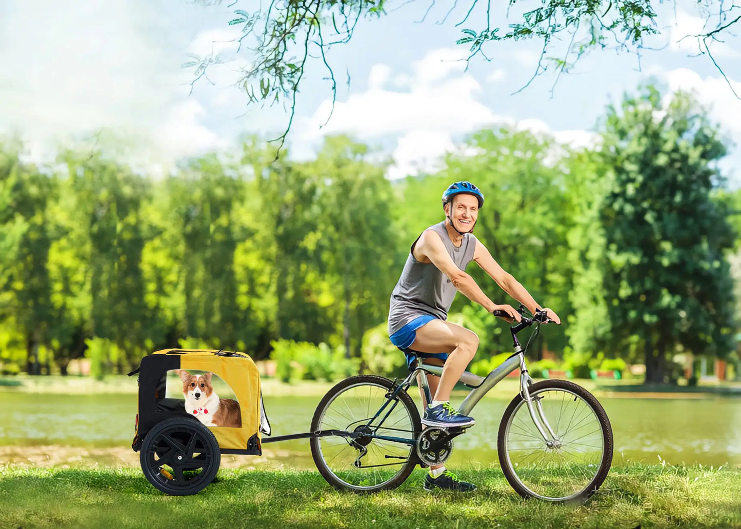 Yellow Foldable Dog Stroller with Bike Attachment