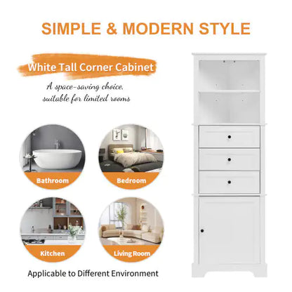 White Triangular Corner Cabinet - 3 Drawers & Adjustable Shelves for Bathroom & Kitchenn