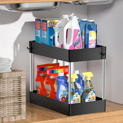 Kitchen Under Sink Storage Organizer with 2 Animal-Design Drawers – Black or White