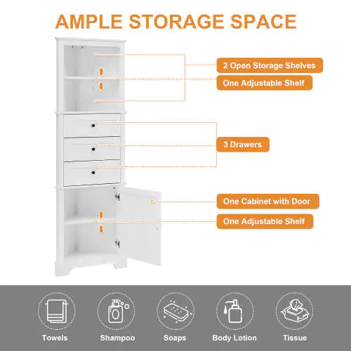 White Triangular Corner Cabinet - 3 Drawers & Adjustable Shelves for Bathroom & Kitchenn