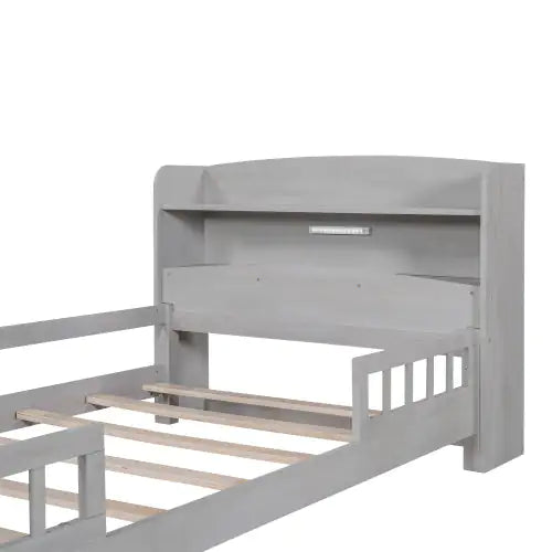 Twin Antique Grey Bed with LED and Storage Headboard