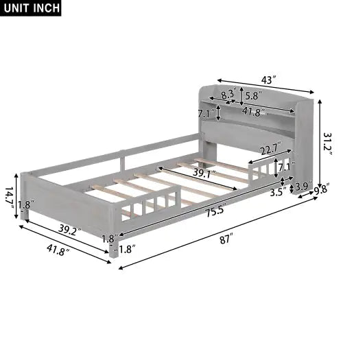 Twin Antique Grey Bed with LED and Storage Headboard