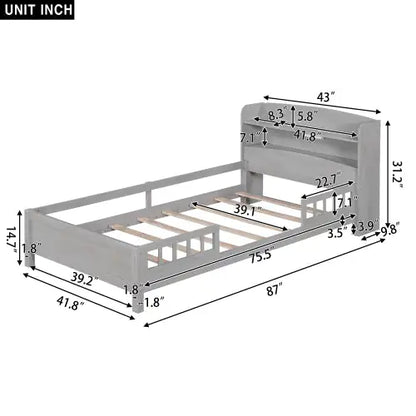 Twin Antique Grey Bed with LED and Storage Headboard