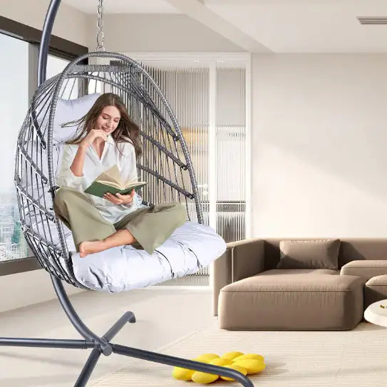 Swing Egg Chair with Stand - Indoor/Outdoor Hanging Chair with Cushions