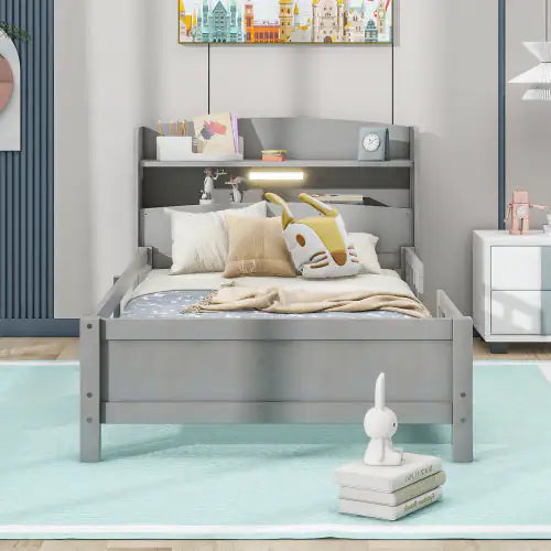 Twin Antique Grey Bed with LED and Storage Headboard