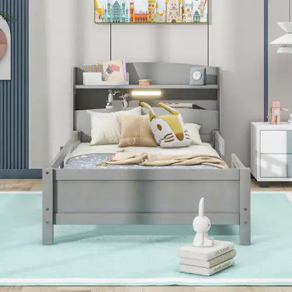 Twin Antique Grey Bed with LED and Storage Headboard