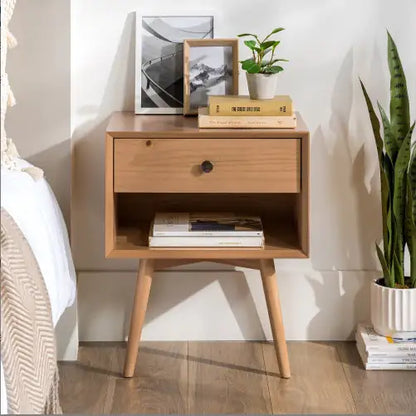 Mid-Century Modern Single-Drawer Solid Wood Nightstand