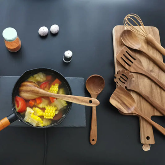 Teak Wood Kitchen Utensil Set – 7-Piece Nonstick Safe Cooking Tools