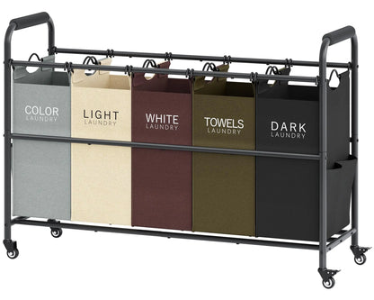5-Section Laundry Hamper Sorter with Bags & Lockable Wheels
