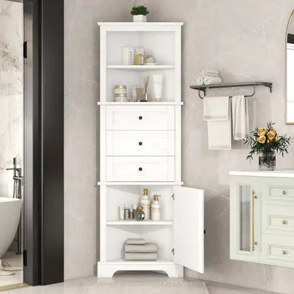 White Triangular Corner Cabinet - 3 Drawers & Adjustable Shelves for Bathroom & Kitchenn