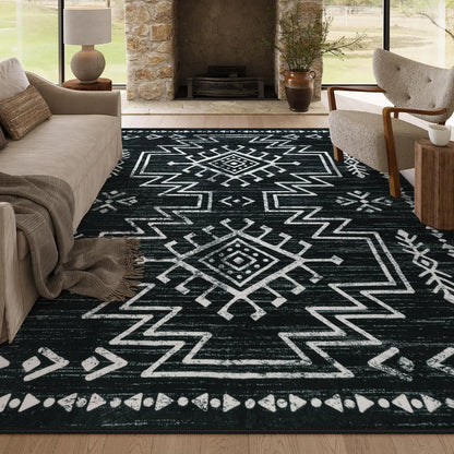 Boho Aztec Style Rug – Ultra Soft Faux Wool, Non-Slip Washable Carpet