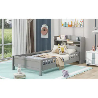 Twin Antique Grey Bed with LED and Storage Headboard