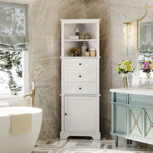 White Triangular Corner Cabinet - 3 Drawers & Adjustable Shelves for Bathroom & Kitchenn